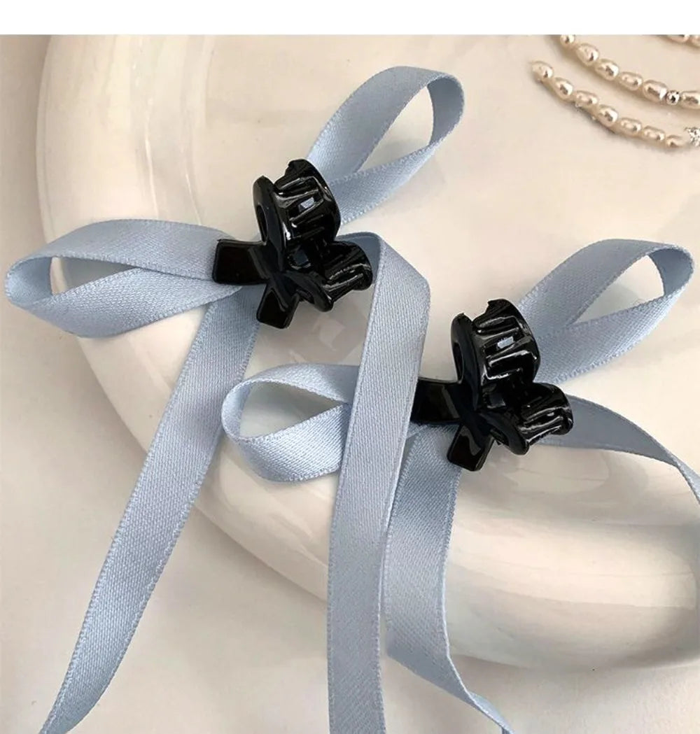 2Pcs Y2K Long Bow Hair Clip Women Girls Ribbon Bow Shark Clip Cute Korean Long Tassel Ribbon Hairpin Girls Hair Accessories
