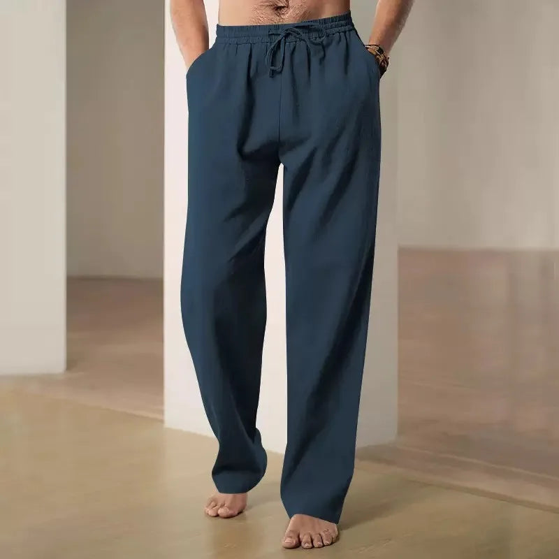 Men Drawstring Waist Linen Cotton Wide Leg Pants Thin Breathable Loose Casual Trousers For Spring Summer