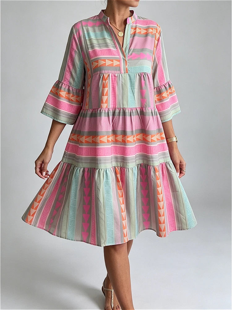2026 Summer Women Boho Geometric Tiered Midi Dress  Flare Sleeve Contrast Patchwork Loose  Beach Vacation Women's Casual Dresses