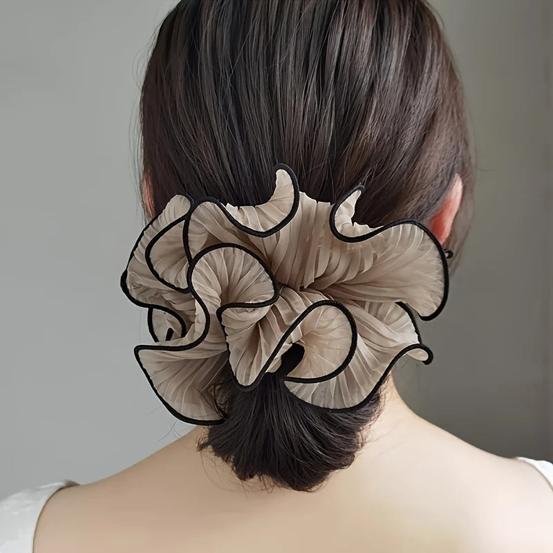 Elegant Tassel Design Fabric Hair Ties - Solid Color Chiffon Scrunchies, Pleated Hair Bands for Women'S Bun