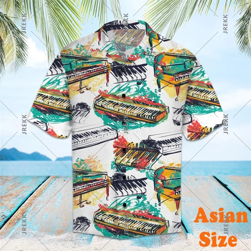 DJ Music Party Neon Print Hawaii Shirt Men's Clothing Cool Guitar Streetwear Shirts Bar Personality Trend Button Blouse 2025