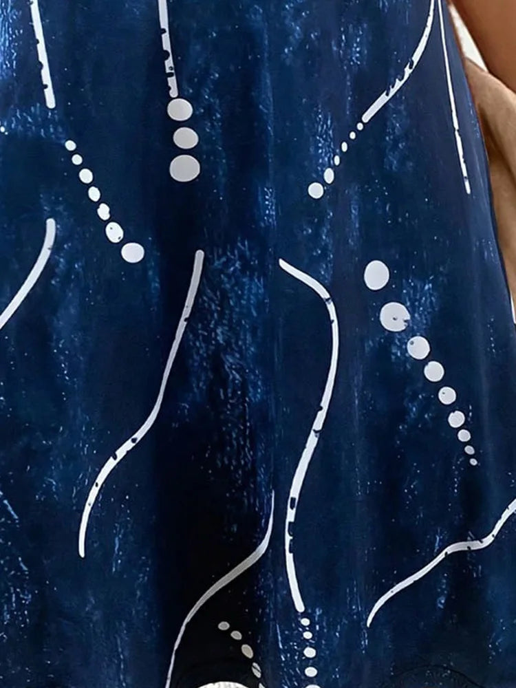 Women's Summer Spaghetti Strap Dress, Blue Abstract Print, Flowy Fit for Vacation Outfits, Lightweight Summer Clothes
