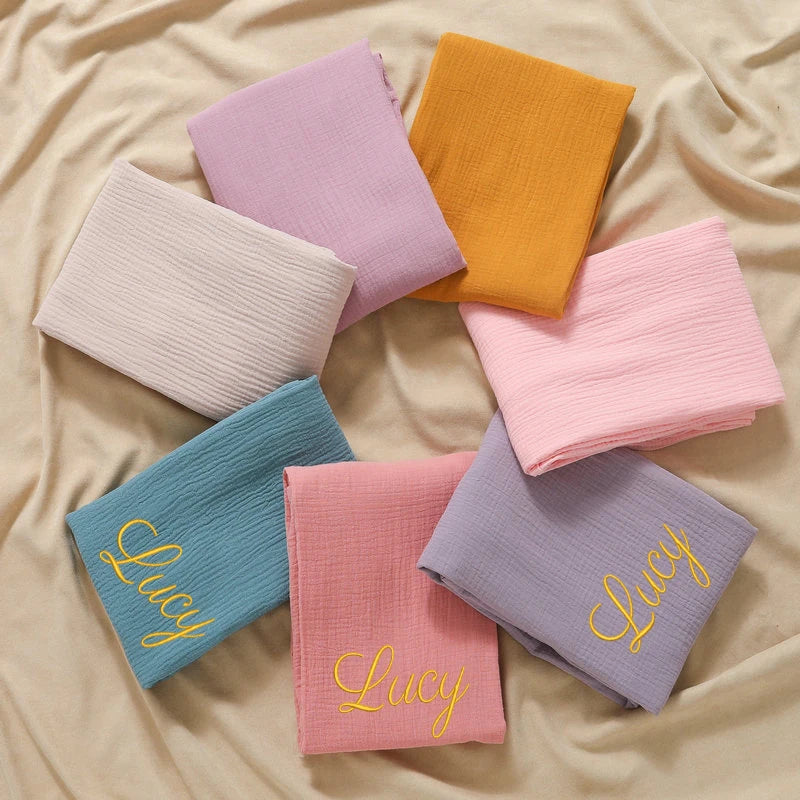 Personalized Name Embroidered Custom Baby Cotton Muslin Baby Swaddle Wrap Newborn Receiving Blanket Muslin Diaper  Burp Cloth