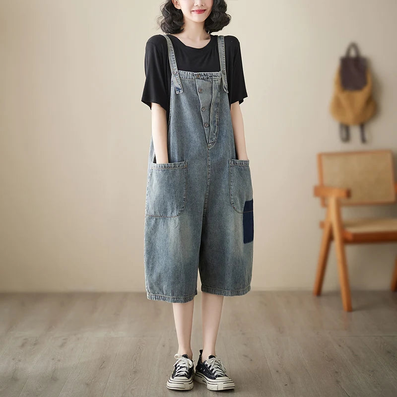 plus Size Denim Overalls Women's Summer New Sle High Waist ort Jeans Straight Leg Color Blo Five-Quarter Pants