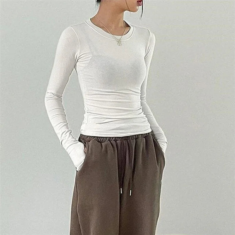 Women Casual Slim Fit Long Sleeve O-Neck T-shirts Tops Spring Fall Solid Color Tees with Thumb Holes Streetwear