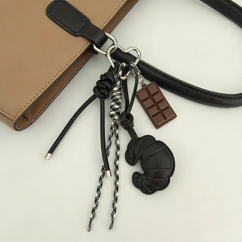 Cute Croissant Pendant Keychain Cartoon Bread Bag Charm Backpack Hanging Woven Rope Design Accessories Gift
