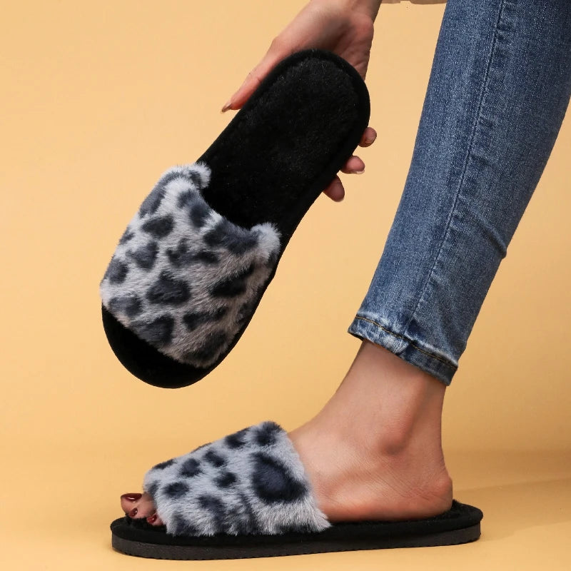 Fashion Women Leopard Print Fuzzy Plush Slippers Home Slides Soft Sole Non Slip Warm Cozy Indoor Casual House Ladies Footwear