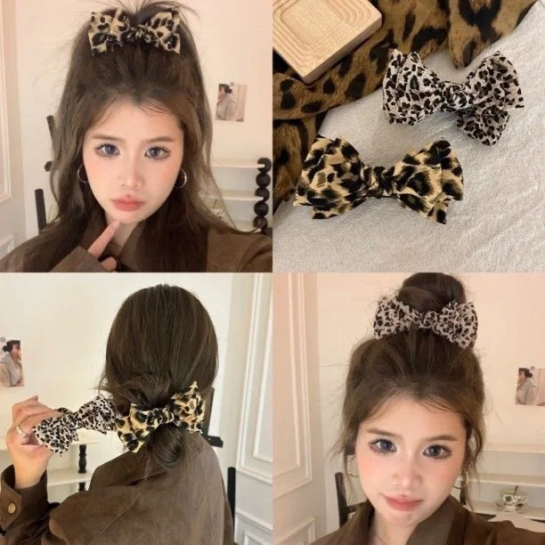 Leopard Print Bow Bun Hair Clip Women's Retro High Ponytail Hairpin, Back of Head Hair Bun Shark Clip