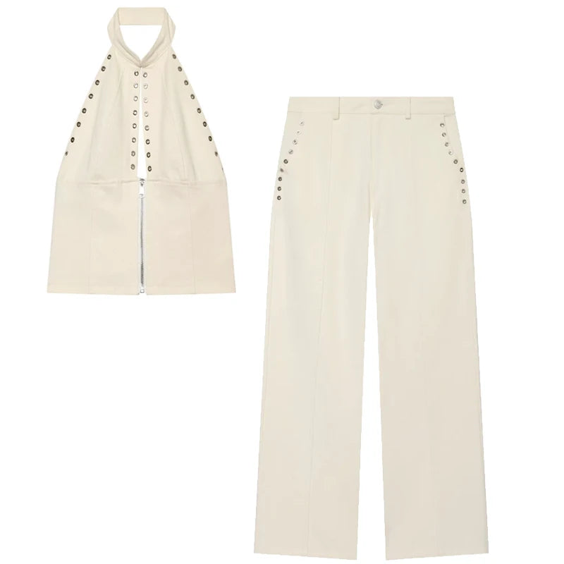 HXAO White Jeans Sets Women's Two -Piece Set Chic Halter Sleeveless Backless Vest Suit High Waisted Straight-Leg Trousers Outfit
