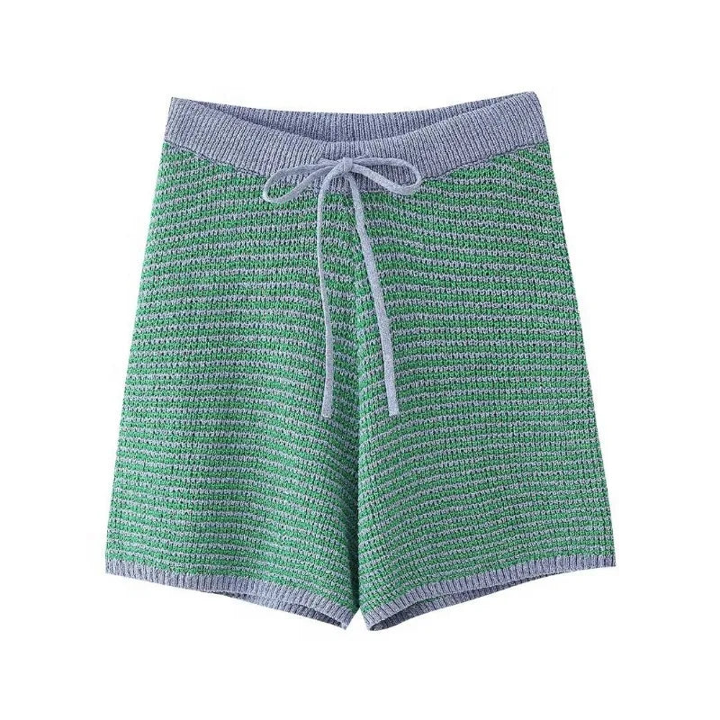 Holiday Retro Shorts Suit Summer New Women V Neck Knitted Tops Casual Lace Up Shorts Korean Fashion 2 Piece Sets Womens Outfits