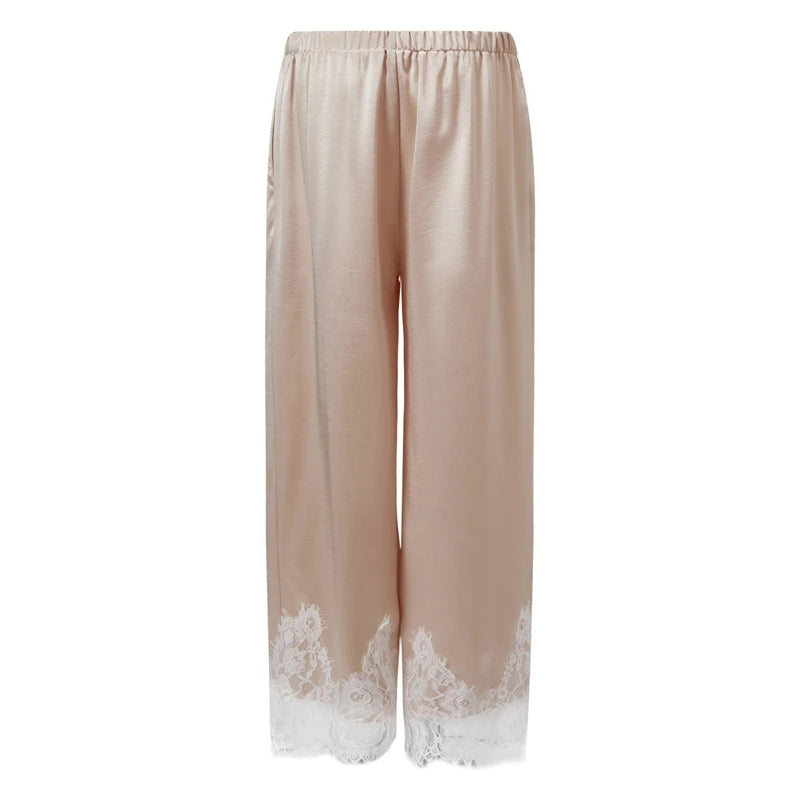 Maemukilabe Women Satin Wide Leg Pants Elastic High Waist Lace Hem Loose Trousers Elegant Vacation Beach Casual Streetwear Pants