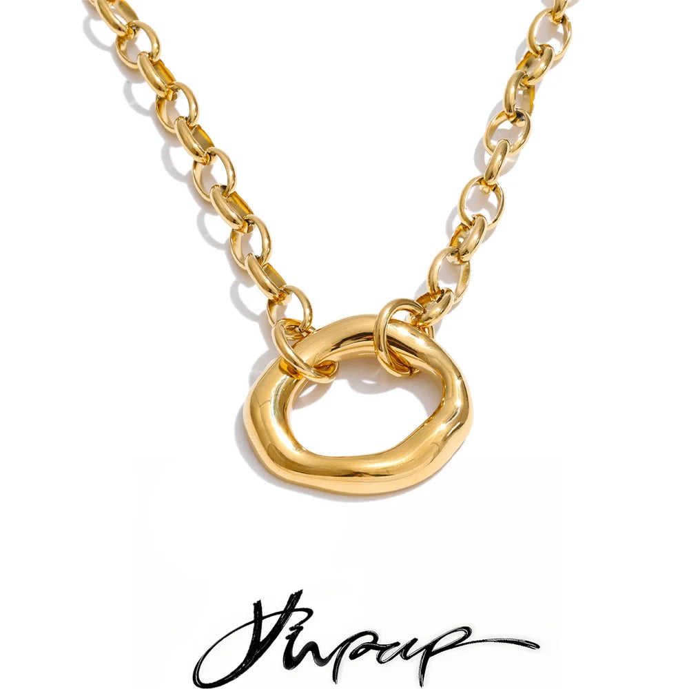 Yhpup Stainless Steel Metal Hollow Round Pendant Statement Necklace 16K Golden Platinum PVD Plated Daily Casual Collar Jewelry
