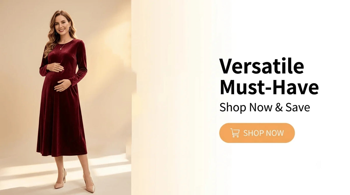 Maternity Autumn Winter Golden Velvet Pocket Long Sleeve Dress Formal Party Gala Long Dress Burgundy Maternity