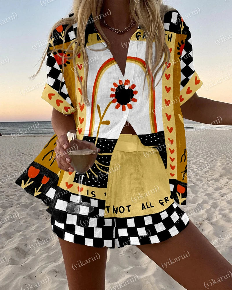 Summer Fashion Print Beach Holiday 2-Piece Set Women Short Sleeve Shirt Top + Wide Legs Short Women's Oversized Two-Piece Outfit