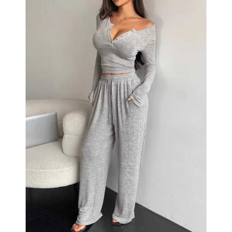 Spring Autumn Women Two-piece Suit Casual Slim Long Sleeve Tracksuit Suit Button Solid Tights And Trousers 2-piece Set Clothing