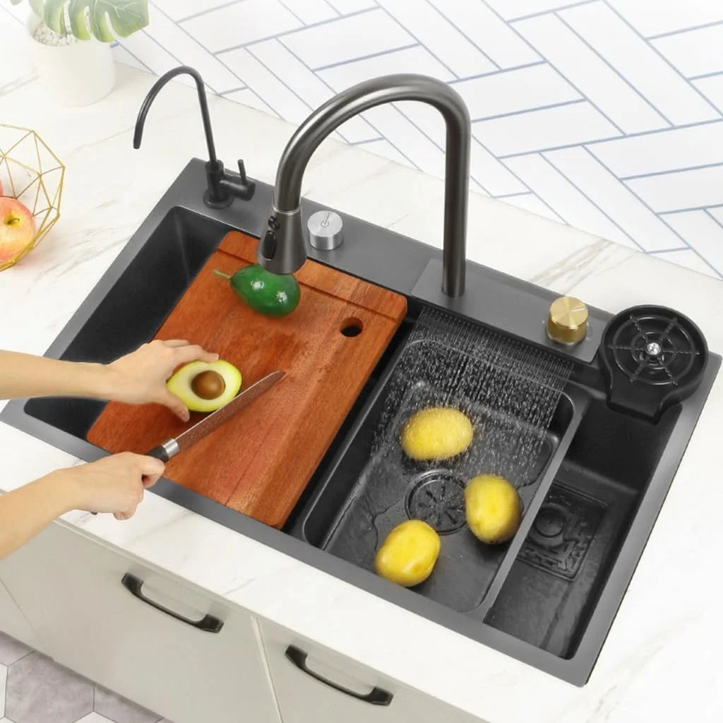 LED Factory 304 Stainless Steel Anti-Scratch Kitchen Sink Multifunction LED Digital Display Pull-Out Faucet Single Bowl Design
