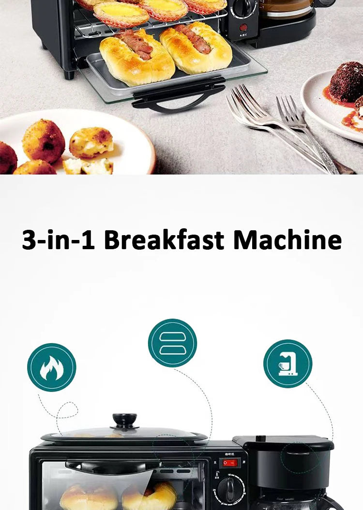 Multifunctional 110V/220V 3 In 1 Breakfast Machine Mini Toaster Oven with Timer
