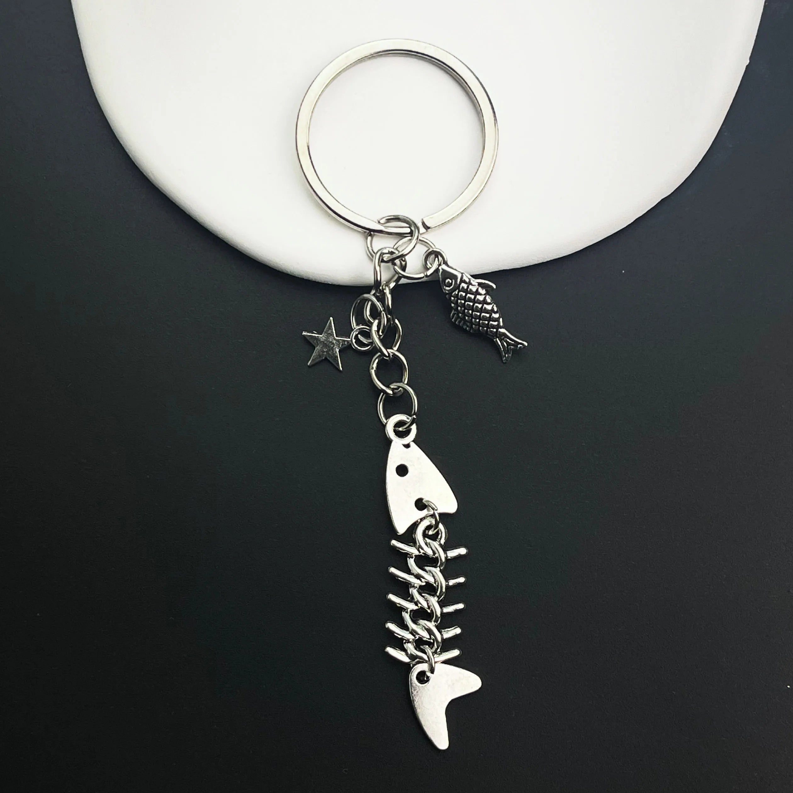 Key Chain Fish Cute Bag Charm Keyring for Car Fishbone Star Punk  DIY Handmade Jewelry Gifts