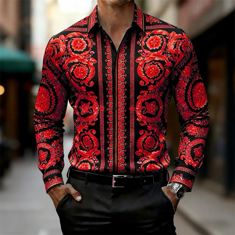 Men's Shirt Luxury Baroque Style Gold Pattern Long Sleeve Shirt Fashion Slim Palace HD Print Shirt AliExpress Hot Sale XS-6XL