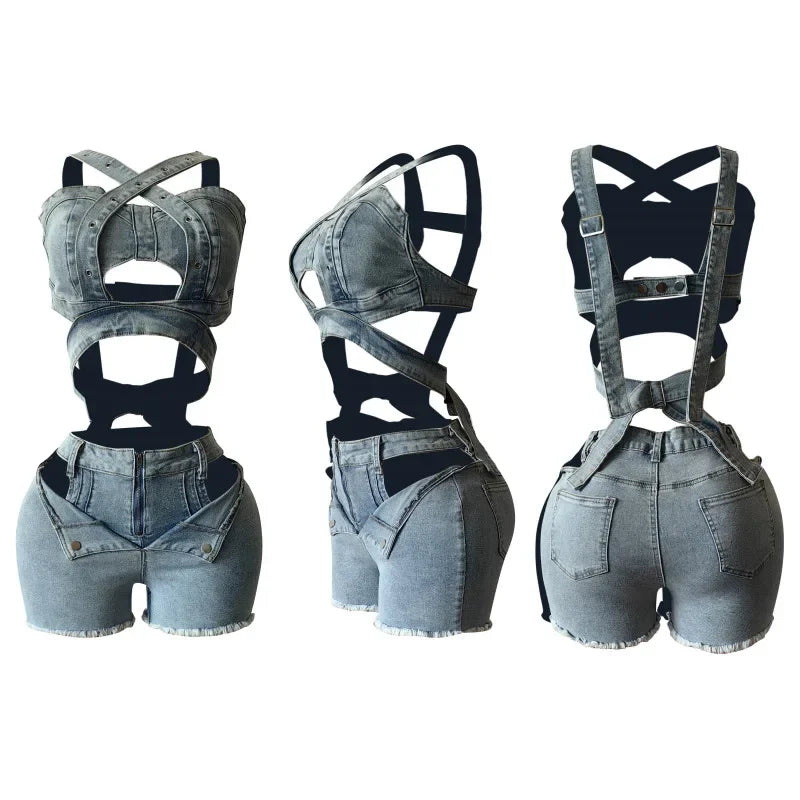 Two Piece Sets Women Denim Shorts Suit Sexy Vest Top Strap Backless Jeans Short Pants Pockets Outfits 2025 Streetwear Ensemble