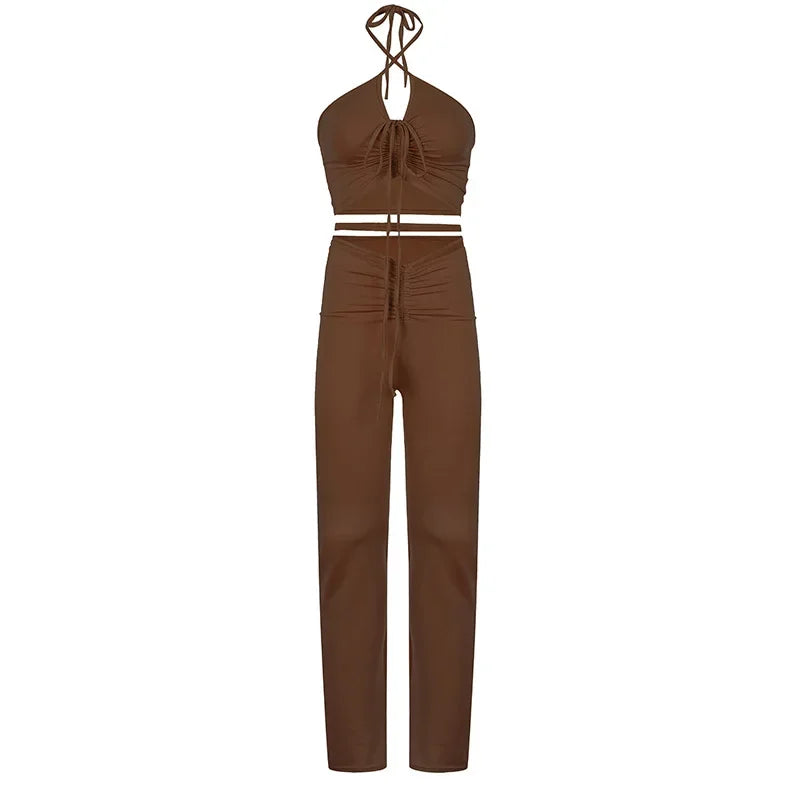 Solid 2 Piece Sets Womens Outfits Neck-mounted Halter Top Low Waist Long Pants Set Conjuntos Feminino Elegante Ensemble Femme