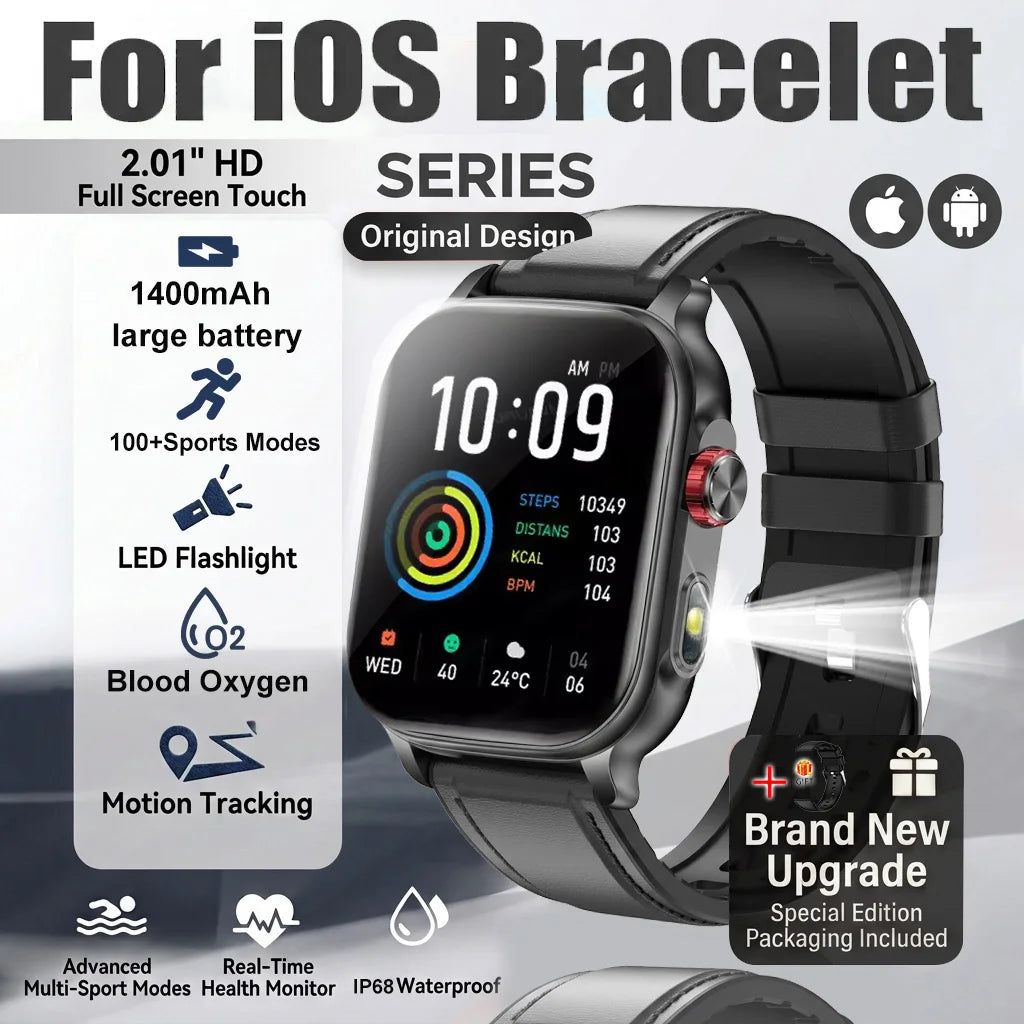 New1400mAh Military Grade Smart Watch 600 hours Battery Life 5ATM Waterproof BT Call Alert LED Flashlight 100+Sports Watches Men
