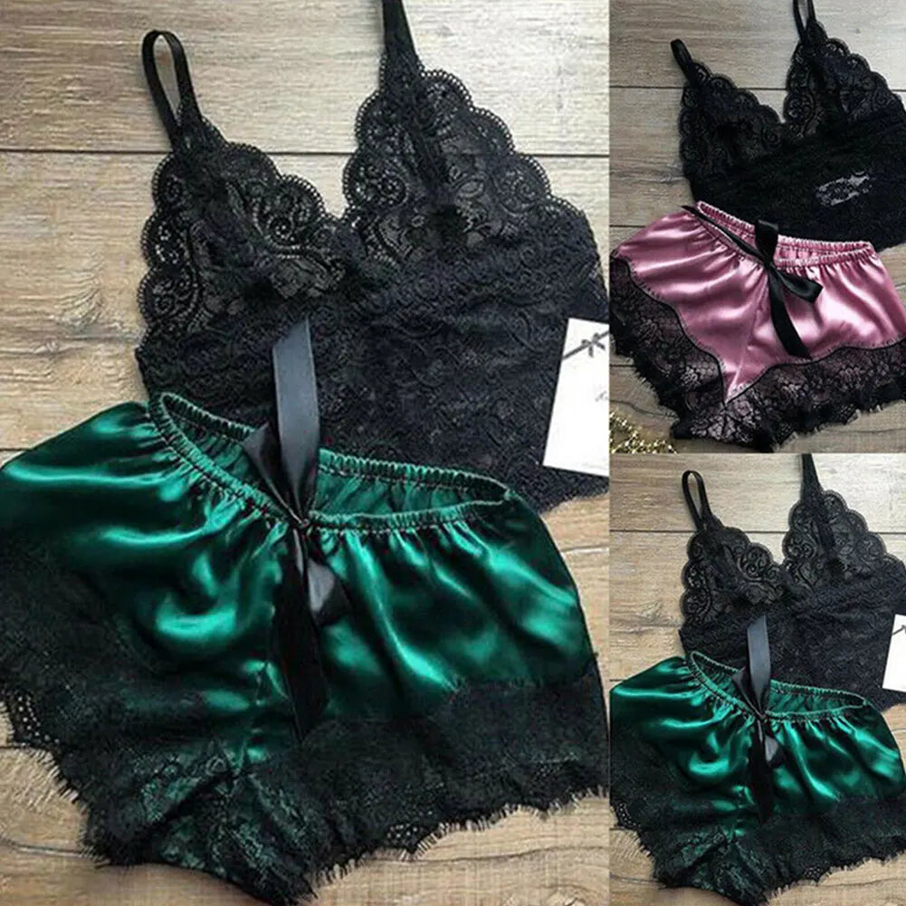 1 Set Fashion Womens Lace Sleepwear Lingerie Tops Shorts Set Babydoll Pajamas Sports Underwear Nightwear 4 Colors