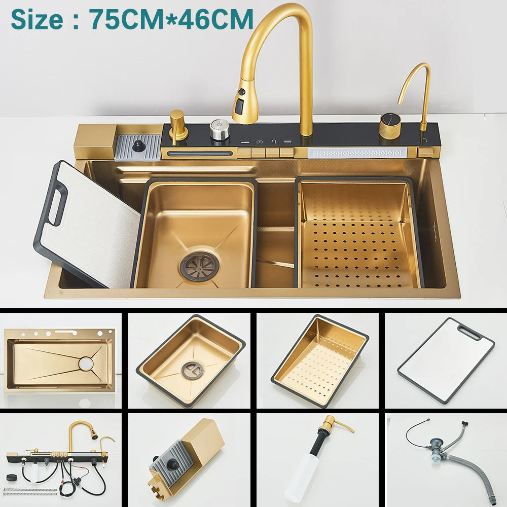 304 Stainless Steel Kitchen Waterfall Sink Digital Display Large Single Sink Dish Basin Sink With Multifunction Touch Waterfall