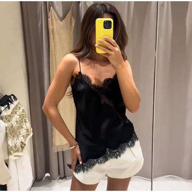 Contrast Black Trim Satin Cami Maxi Dress Deep V Neck Loose Flowy Ruffle Hem Lady Long Gown 2026 Summer Formal Vacation Dresses