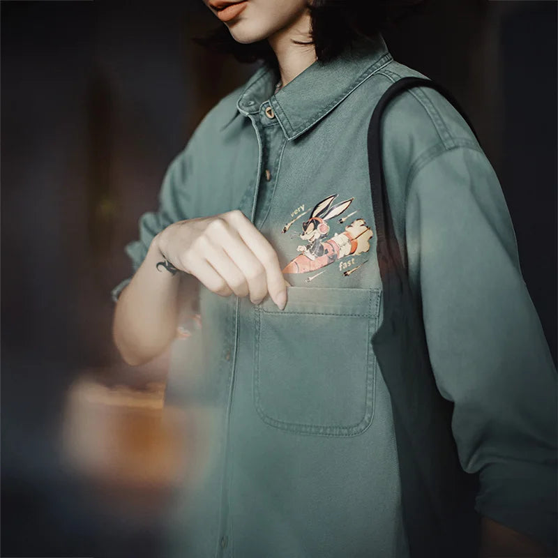 Maden Women's Vintage Washed  Embroidered Print Long Sleeve Shirt 100% Cotton Loose Fit Collar Blouse Single-breasted Fall Tops