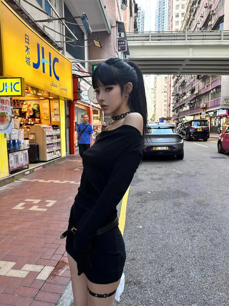 Seeslim Black Slim Sexy Mini Dress Women Long Sleeve Autumn Off Shoulder Korean Fashion 2000s Y2k Clothes Party Dresses Chic