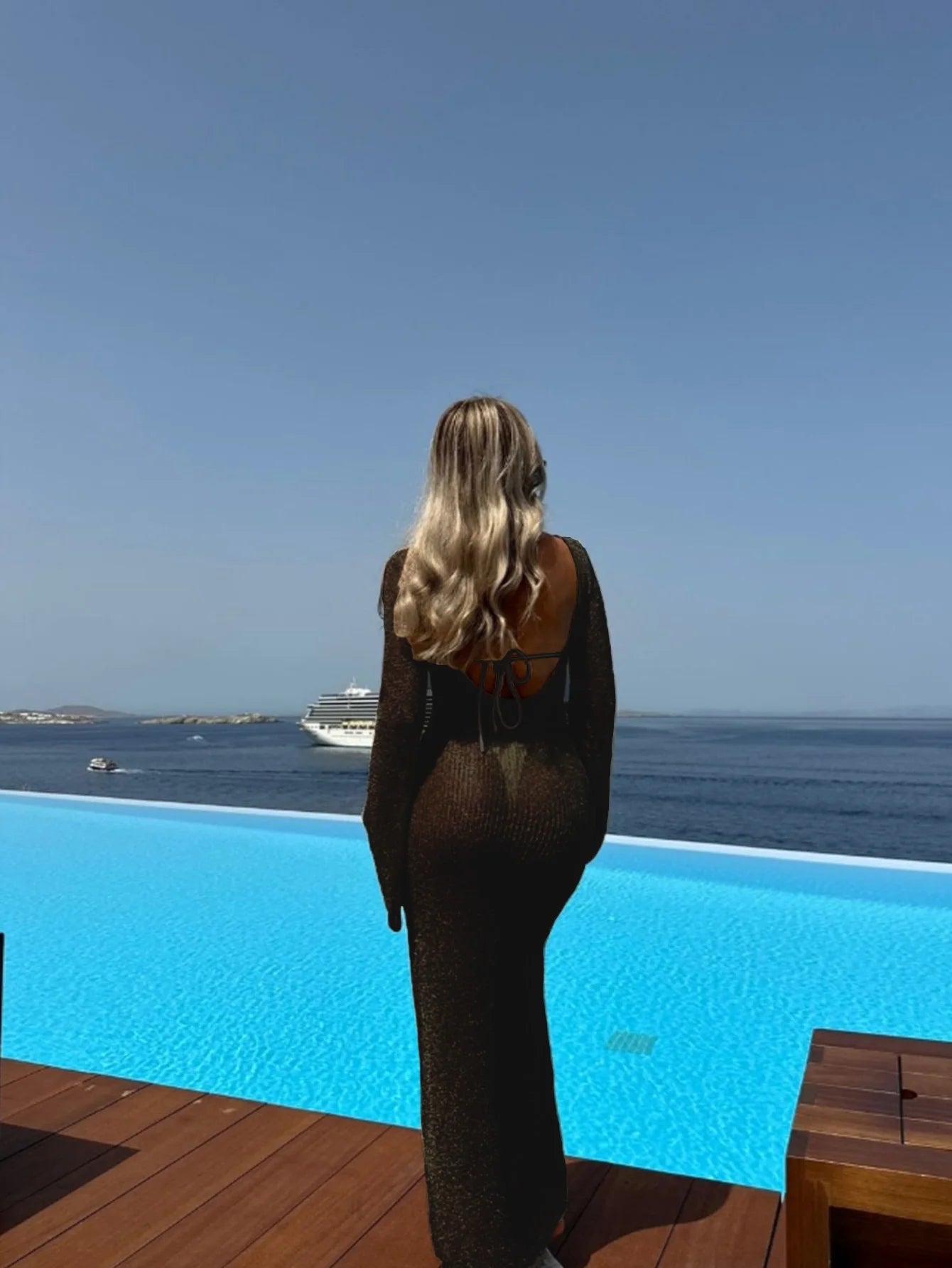 Women's pure color sexy backless slender long-sleeved gauze dress Spring Summer Outfits for Women