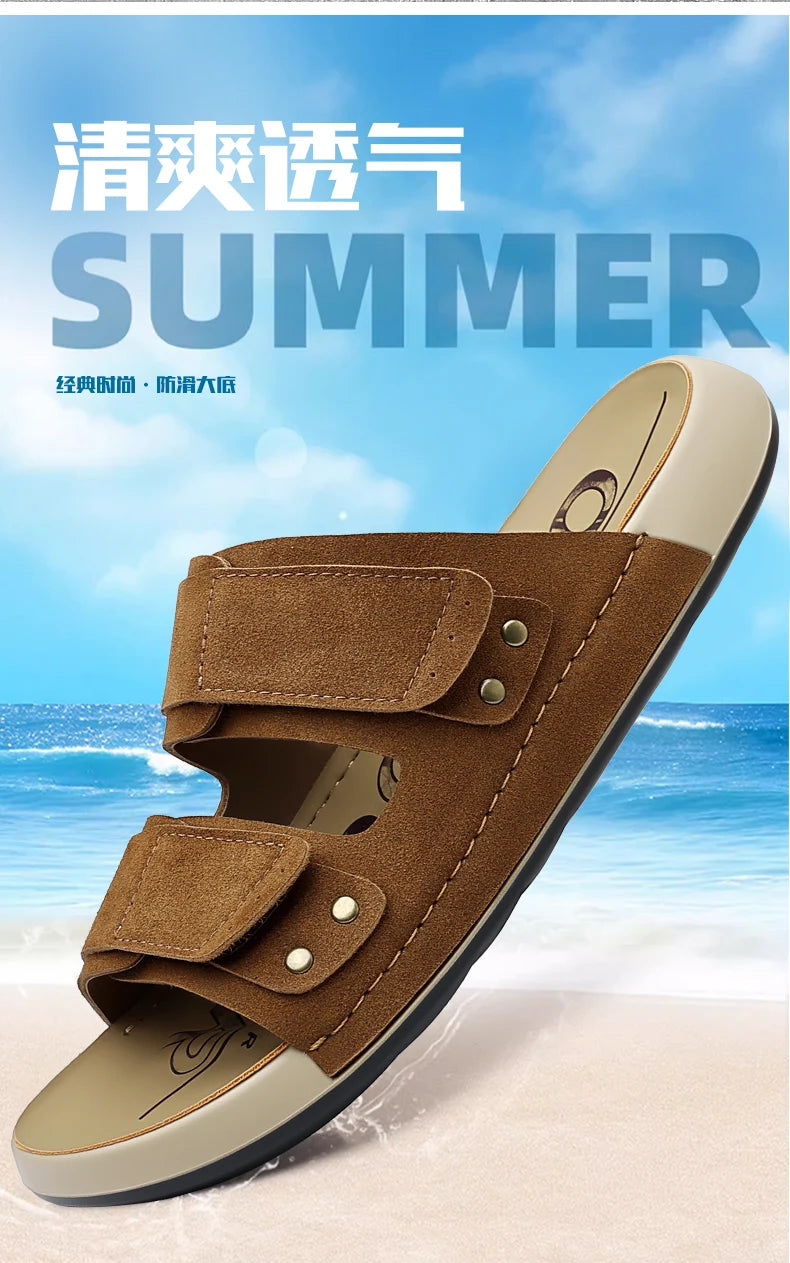 2026 Mens Sandals Slip On Leather Casual Couple Shoes For Men Soft Comfortable Mens Summer Shoes Handmade Men Outdoor Slippers