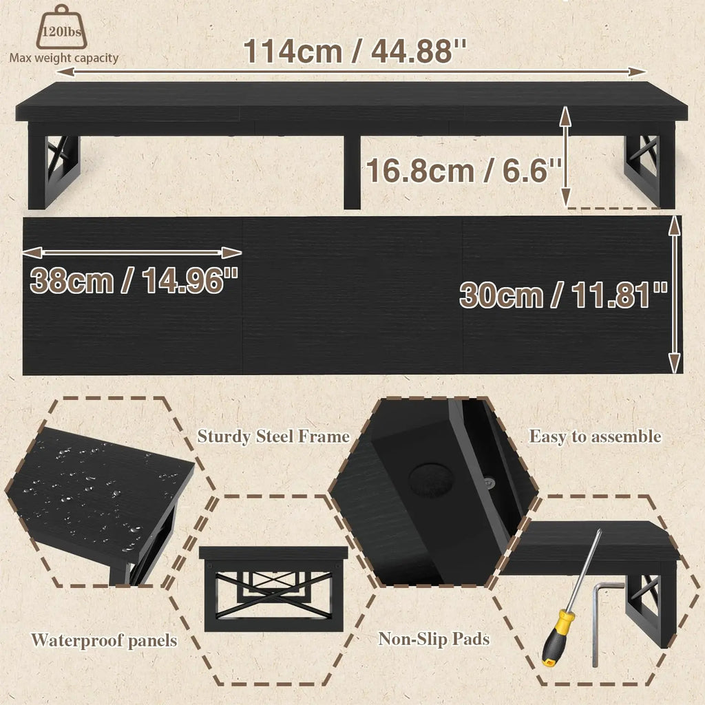 Large TV Stand Riser for 32-60 Inch Screens with Storage Shelves and Steel Legs, Black