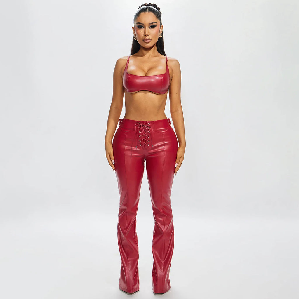 Sexy Bikini Tops Leather 2 Piece Pant Set Outfits 2026 Women Summer Clothing Elegant Luxury Crop PU Top Two Piece Sets