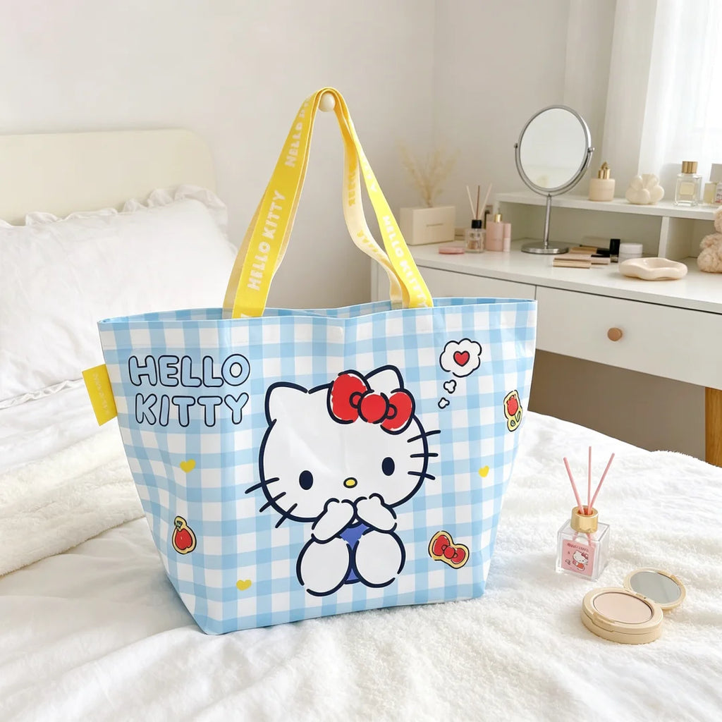 Leopard Print Hello Kitty Eco-Friendly Woven Large Capacity Storage Bag Officially Licensed Cartoon Plaid Waterproof Tote Bag Fo