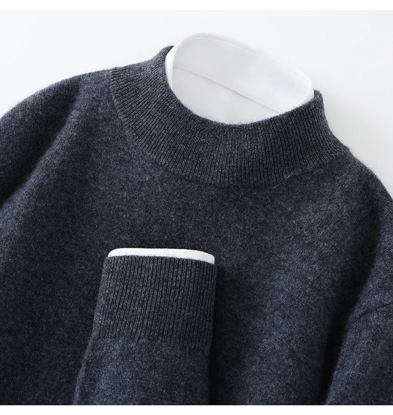 Autumn/Winter Men's 100% Pure Cashmere Pullover Business Casual Solid Knitted Sweater Loose Half High Neck Tops Thick Jumper