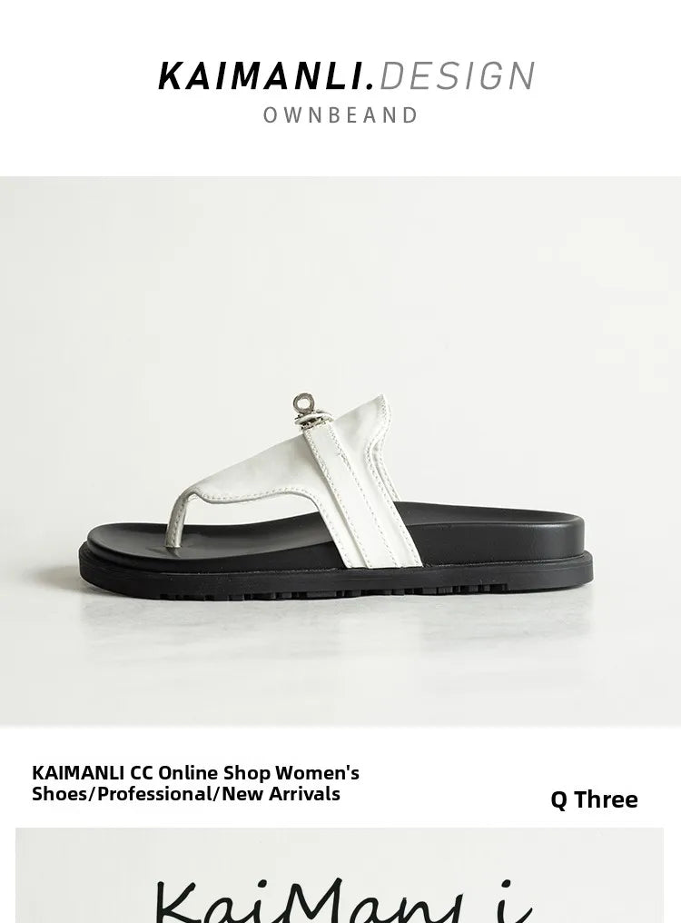 British Style Thick Bottom Slip-On Sandals Women Summer Foot-Strap Leather Half Slippers Beach Flat Heel Casual Shoes