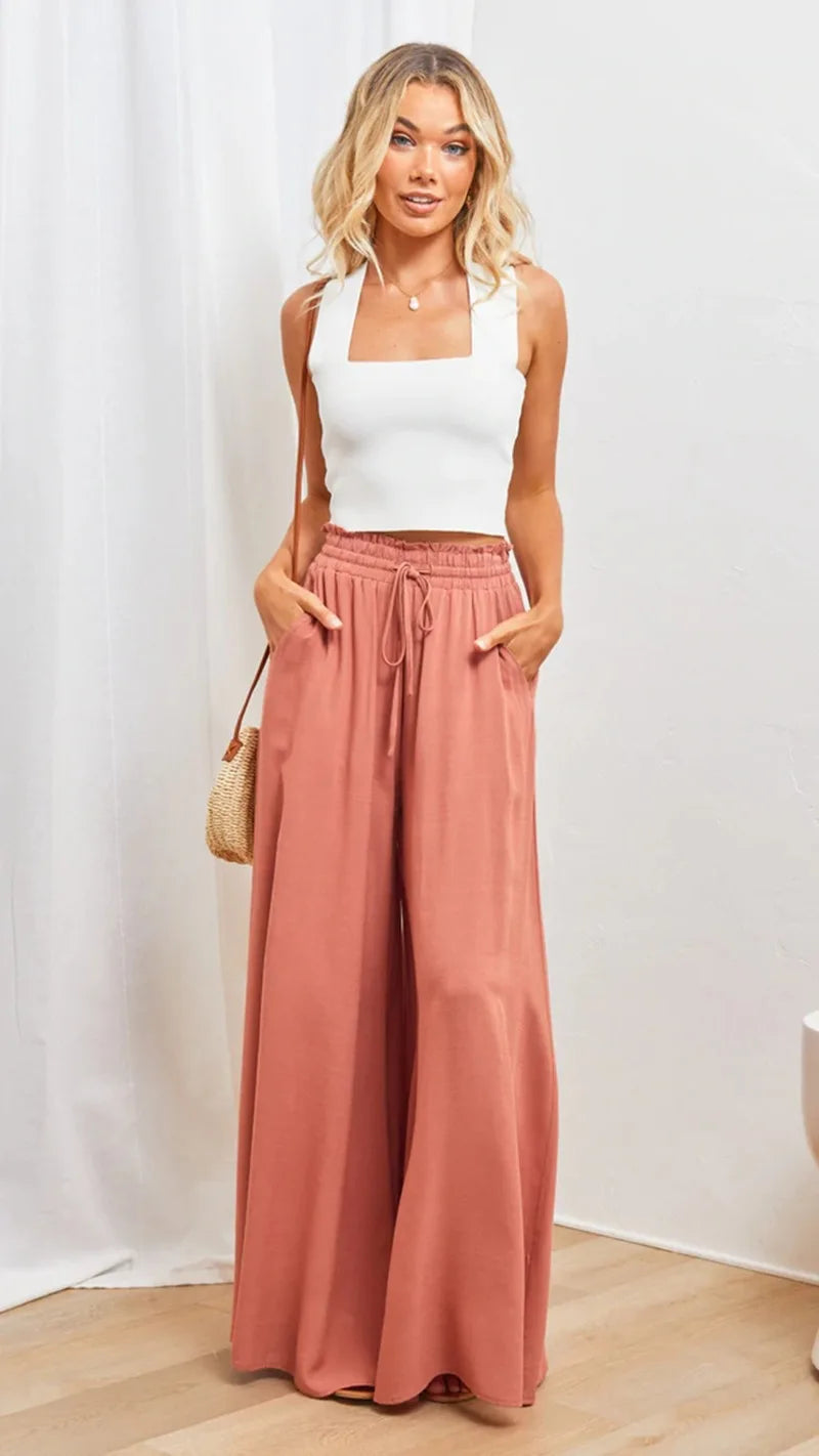 2026 Summer Comfortable Loose Wide Legs Trouser Women' S Pants Casual Simple Style All-match Holiday Vacation Fashion Chic Beach