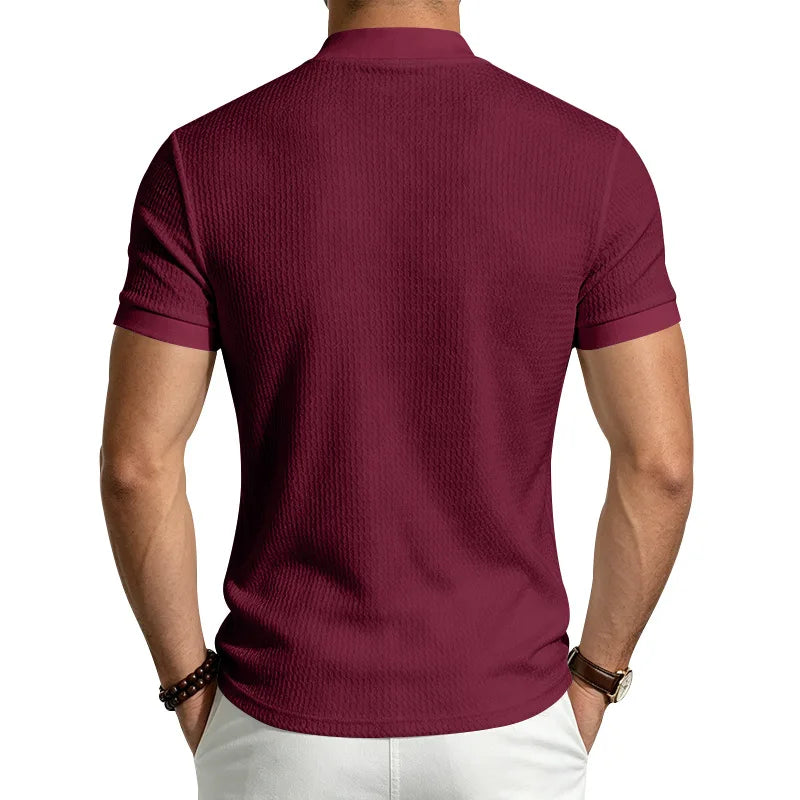 Men Summer Solid Jacquard Textured Mock Neck Short Sleeve T Shirt Slim Fit Simple Versatile Casual Daily Male Basic Tees
