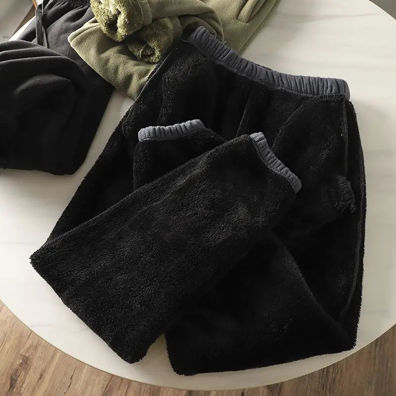 Fleece and Lambswool Men Sweatpants Winter Embroidery Thick Warm Double-sided Velvet Windproof Thermo Trousers Soft Harem Pants
