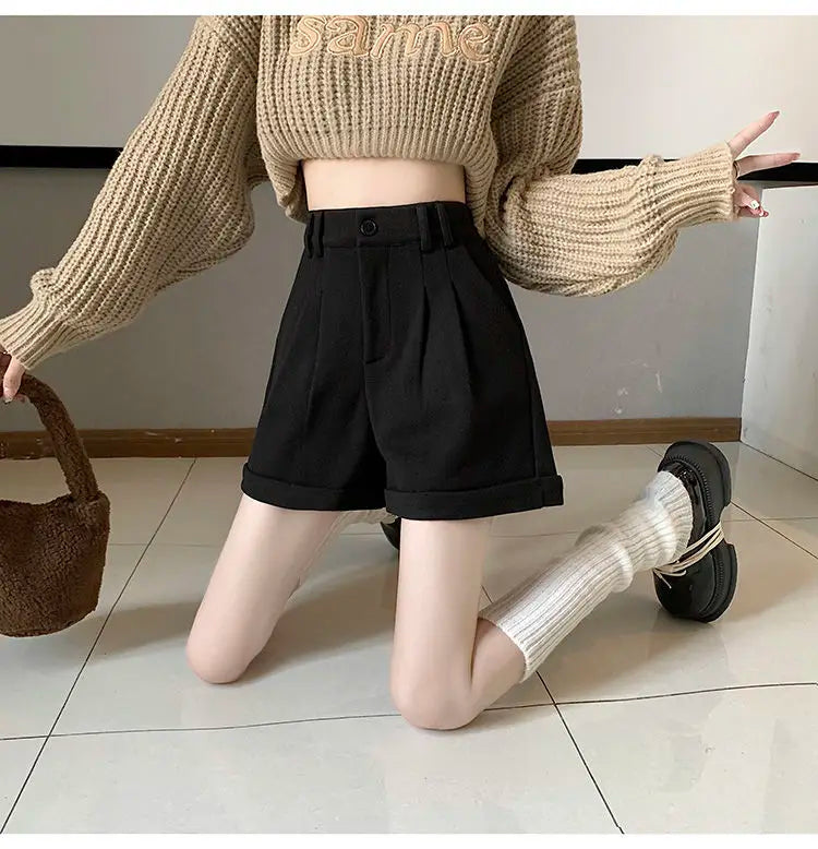 Women Office Lady Summer 2025 Solid Brown Thick High Waist Shorts Korean Style Wide Leg Boot Pants