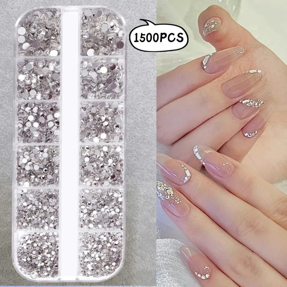 12Grid/1500PCS Shiny Crystal Nail Art Rhinestones SS4-16 Silver 3D Flatback Semicircler Nail Charms Gemstones for DIY Decoration