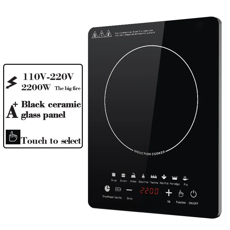 110V 220V Electric Induction Cooker, 10 Gear Touch Control Black Crystal Panel Timing Hotpot Stove