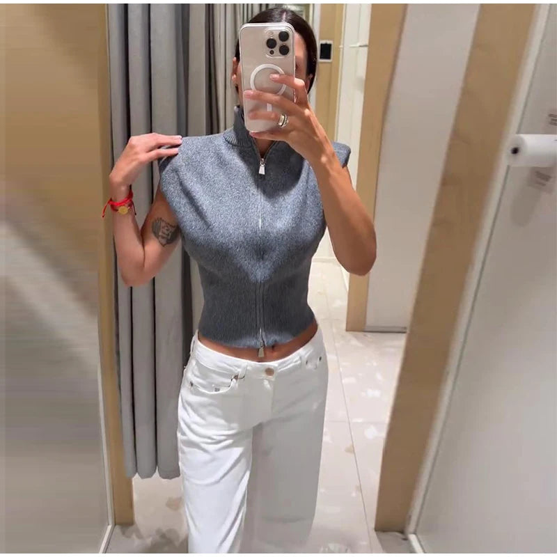 Women's Double Zipper Knit Vest Stand Collar Shoulder Pad Sleeveless Slim Cropped Sweater 2026 Autumn All-match Casual Outfits