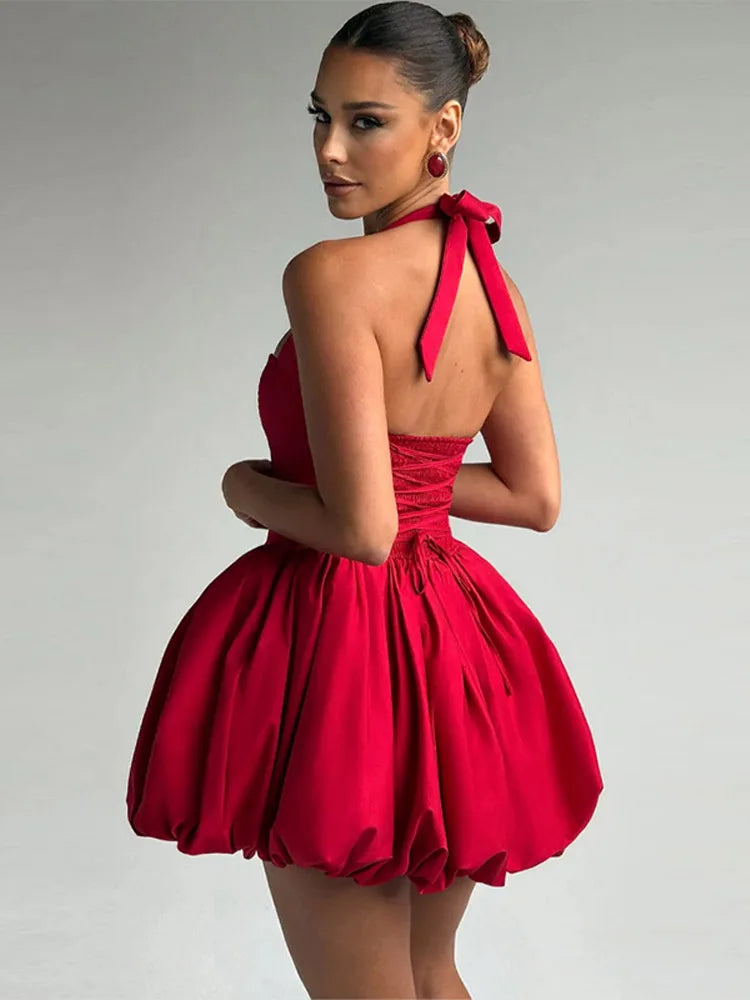 Sexy Halter Pleated Bud Mini Dress Women Sleeveless Tube Top Backless Bandage Solid Party Dresses 2026 Summer Fall Evening Robe
