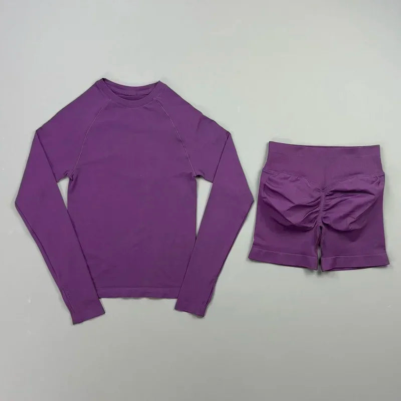2 Piece Fitness Outfit Women Raglan Long Sleeve Crew Neck Top Hip Shaping Scrunch Shorts Stretch Soft Dance Gym Workout Set