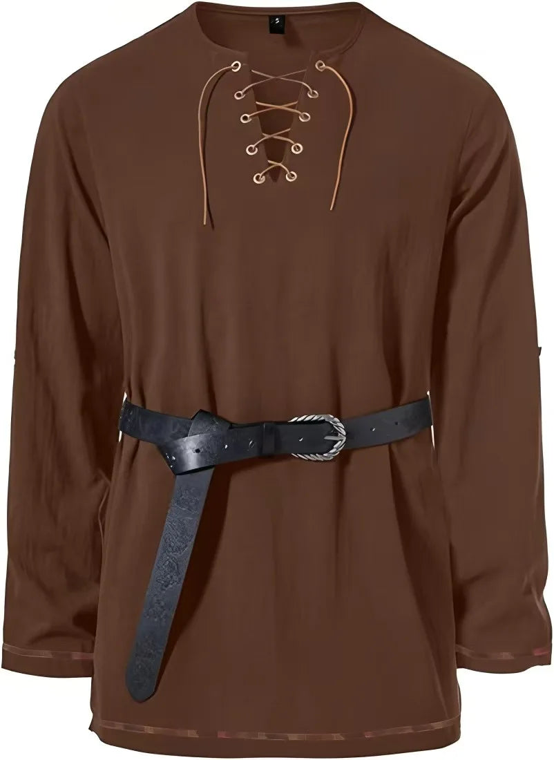 Men Medieval Lace Up Linen Long Sleeve Tunic Viking Pirate Renaissance Cosplay Shirt With Vintage Embossed Leather Belt