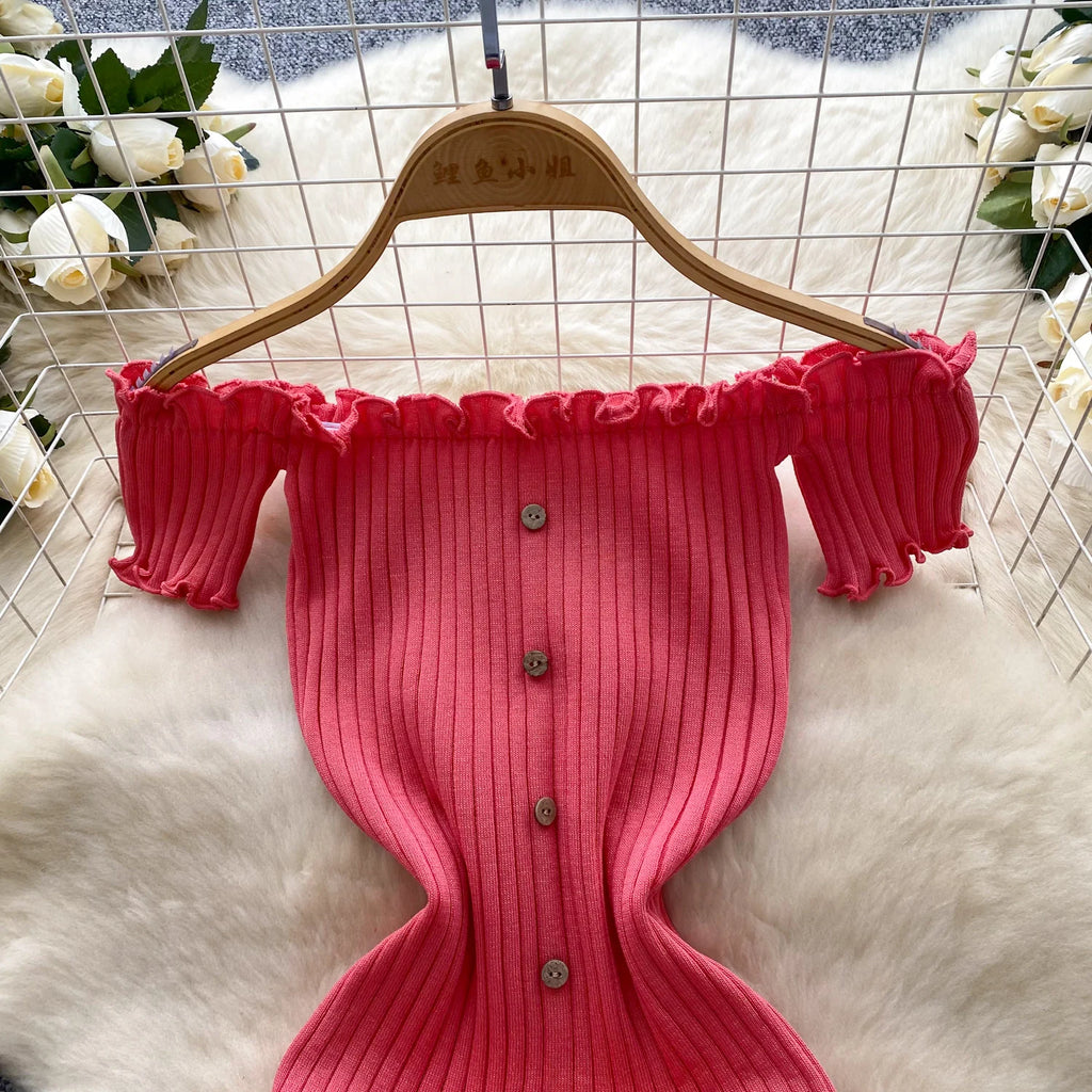 2025 New Pink Solid Button Front Spaghetti Dress Sexy Knit Slash Neck Mini Dress Bodycon Women's Clothing Outfits Ruffles