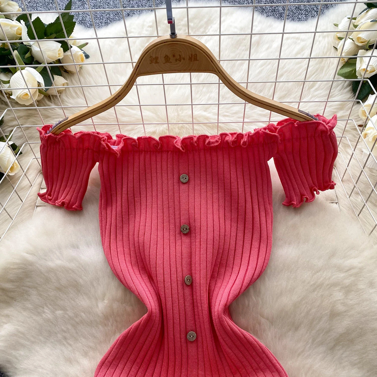 2025 New Pink Solid Button Front Spaghetti Dress Sexy Knit Slash Neck Mini Dress Bodycon Women's Clothing Outfits Ruffles